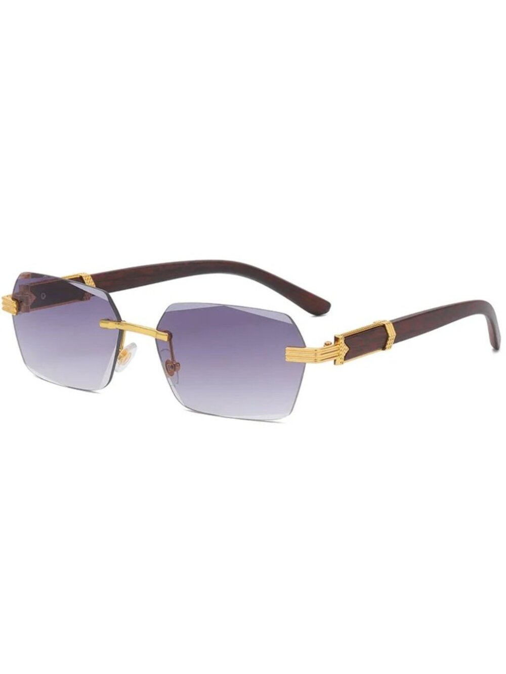 Retro Unisex Rimless Black/Grey Gradient Sunglasses W/ Gold-Tone & Wooden Arms